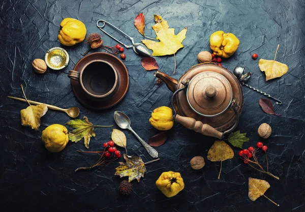 Vynikající Domácí Čaj Čaj Jablek Quince Podzimním Pozadí — Stock fotografie