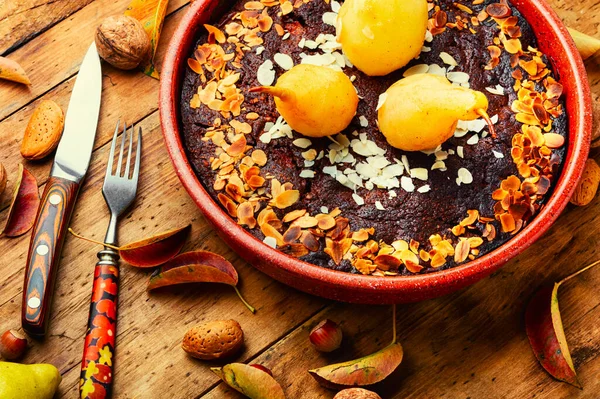 Tarta Con Pera Almendras Tarta Peras Sobre Mesa Madera Rústica — Foto de Stock