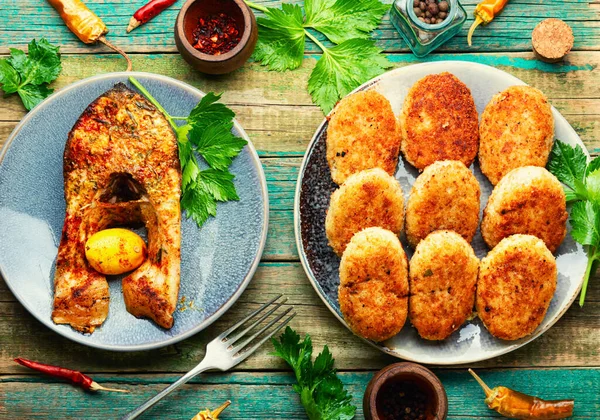 Ev yapımı balık pirzolası ve lezzetli balık bifteği.