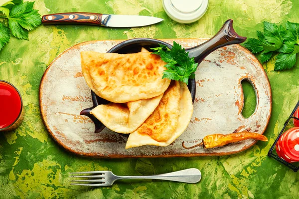 Chebureks Making Yeast Dough Stuffing Minced Beef — Stock Photo, Image