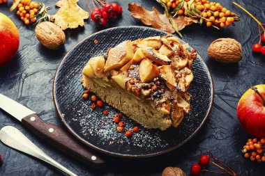 Elmalı, fındıklı ve dikenli sonbahar turtası. Charlotte kefir üzerinde.