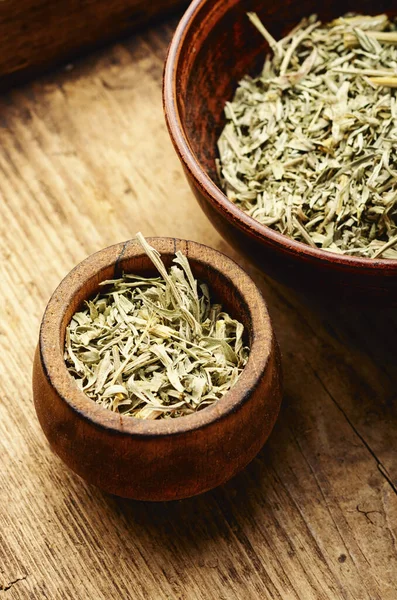 Gedroogde Alsem Een Kom Mugwort Homeopathische Kruiden Kruidengeneeskunde Absinth Genezen — Stockfoto