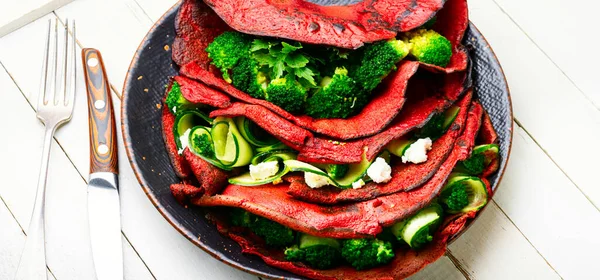 Plate Beetroot Pancakes Stuffed Vegetables Proper Nutrition — Stock Photo, Image