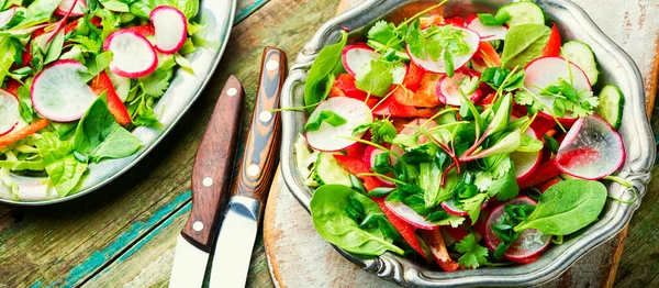 Salada Vegan Saudável Feita Rabanete Pimenta Repolho Verdes Salada Com — Fotografia de Stock