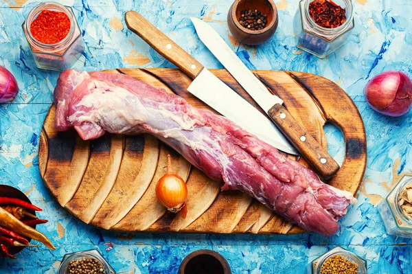 One Piece Fresh Raw Pork Tenderloin Spiced Ingredients — Fotografia de Stock