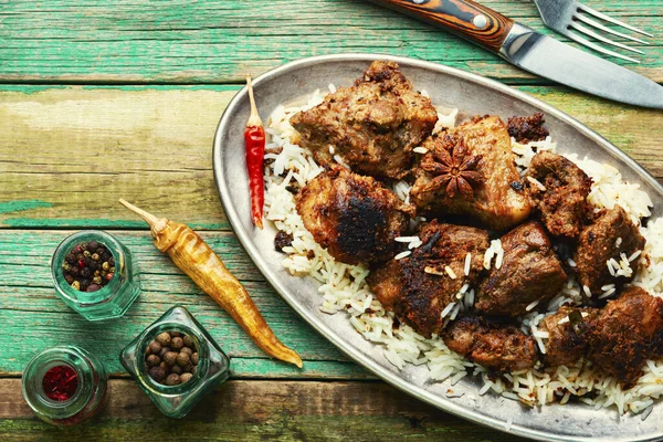 Viande Vindaloo Épicée Avec Riz Porc Cuit Dans Une Sauce — Photo