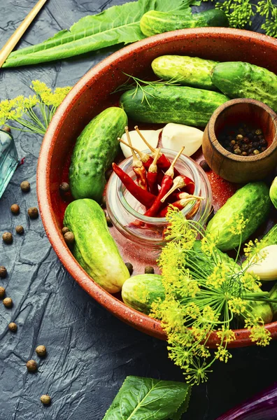 Salteado Caseiro Cucumbers Cooking Process Canned Gherkin Marinated Vegetable Preparation — Fotografia de Stock