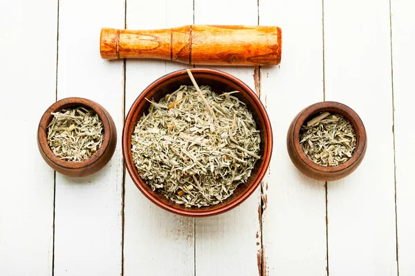 Alternative medicine, medicinal herbs. Wormwood in a mortar.