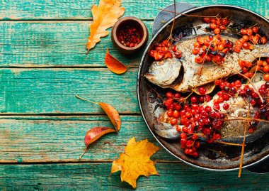 Viburum berry ile kızartılmış dorado balığı. Sağlıklı yiyecekler.