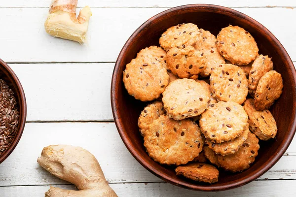 Chutné Sušenky Lnem Zázvorem Vegetariánské Pečivo — Stock fotografie