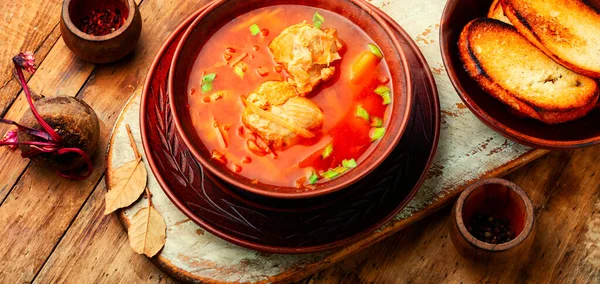 Borscht Hot Soup Based Beets Meat Red Borscht Traditional Dish — Stockfoto