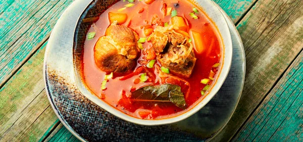 Borscht Heiße Suppe Aus Rüben Und Fleisch Roter Borschtsch Traditionelles — Stockfoto