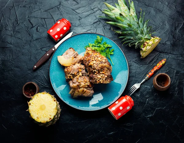 Delicious Piece Pork Roasted Cheese Pineapple — Stock Photo, Image