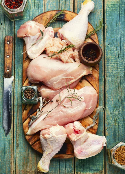 Pieces Raw Hen Meat Spices Meat Assortment Chicken Meat — Fotografia de Stock
