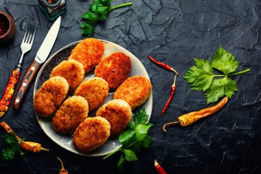 Homemade minced fish cutlets. Copy space, space for text