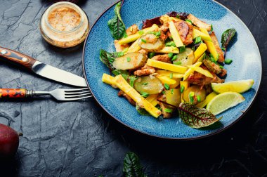 Mango ve yeşilliklerle süslenmiş sağlıklı ızgara tavuk eti. Lezzetli et salatası.