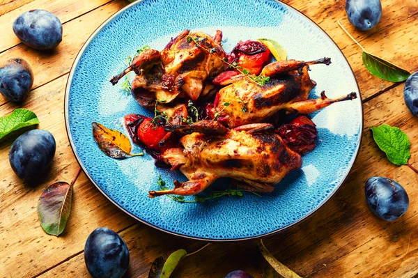 Tasty Grilled Quails Plum Sauce Meat Baked Plum — Stock Photo, Image