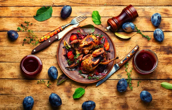 Roasted Tasty Quail Plum Sauce Meat Plum Rustic Wooden Table — Stock Photo, Image