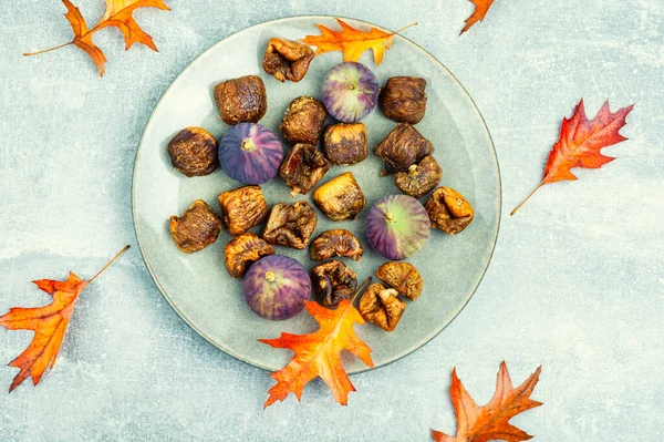 Fig tree fruits, dried figs. Dried fruit, autumn sweet.Top view