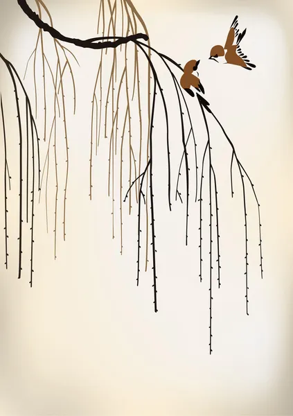 两只鸟在一棵柳树上 — 图库矢量图片