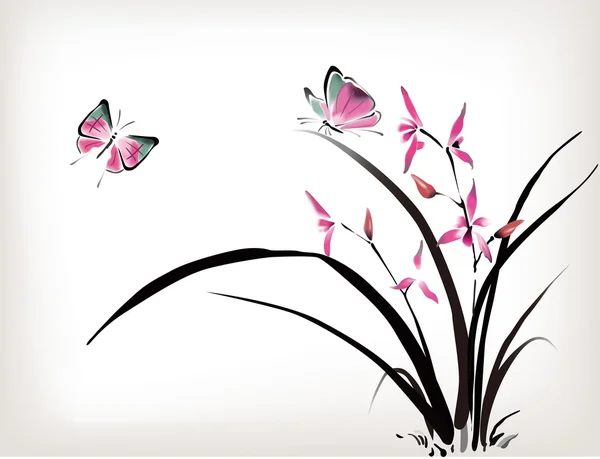 中国の蘭の花と蝶インク スタイル — ストックベクタ