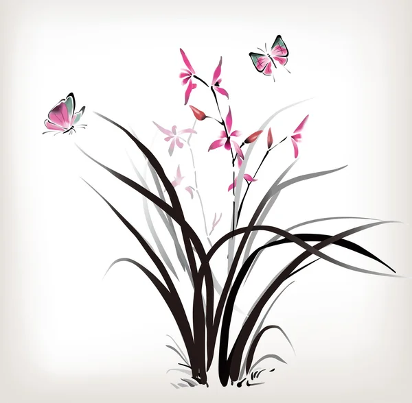 Chinesische Orchidee und Schmetterlingstinte — Stockvektor