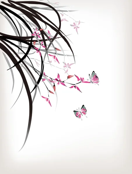Gaya tinta Orchid dan kupu-kupu Cina - Stok Vektor