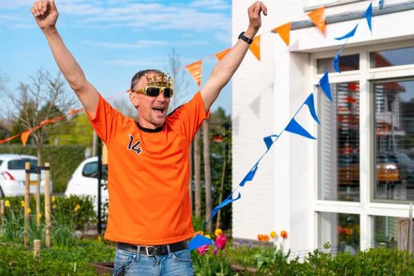 Dutchman Celebrating Kings Day Road Street Party Dressed Orange Holland — Stock Photo, Image