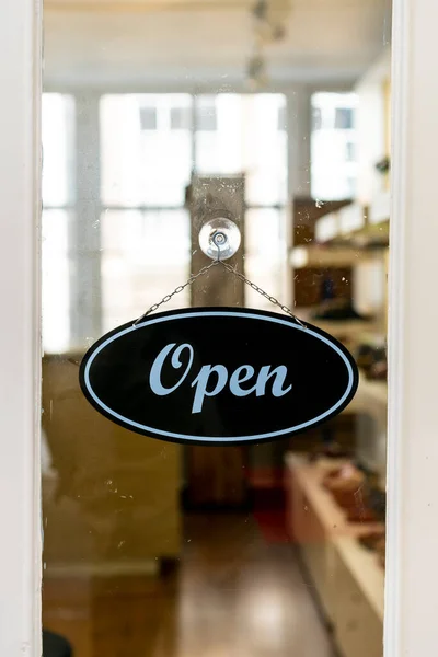 Shop Door Oval Open Sign Hanging Glass Entrance Retail Business — ストック写真