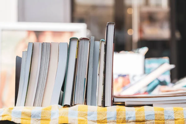 Second-hand books in a row are being sold at a book market in Dordrecht in the Netherlands. Hollands second-hand literature event is held annually in the summer.