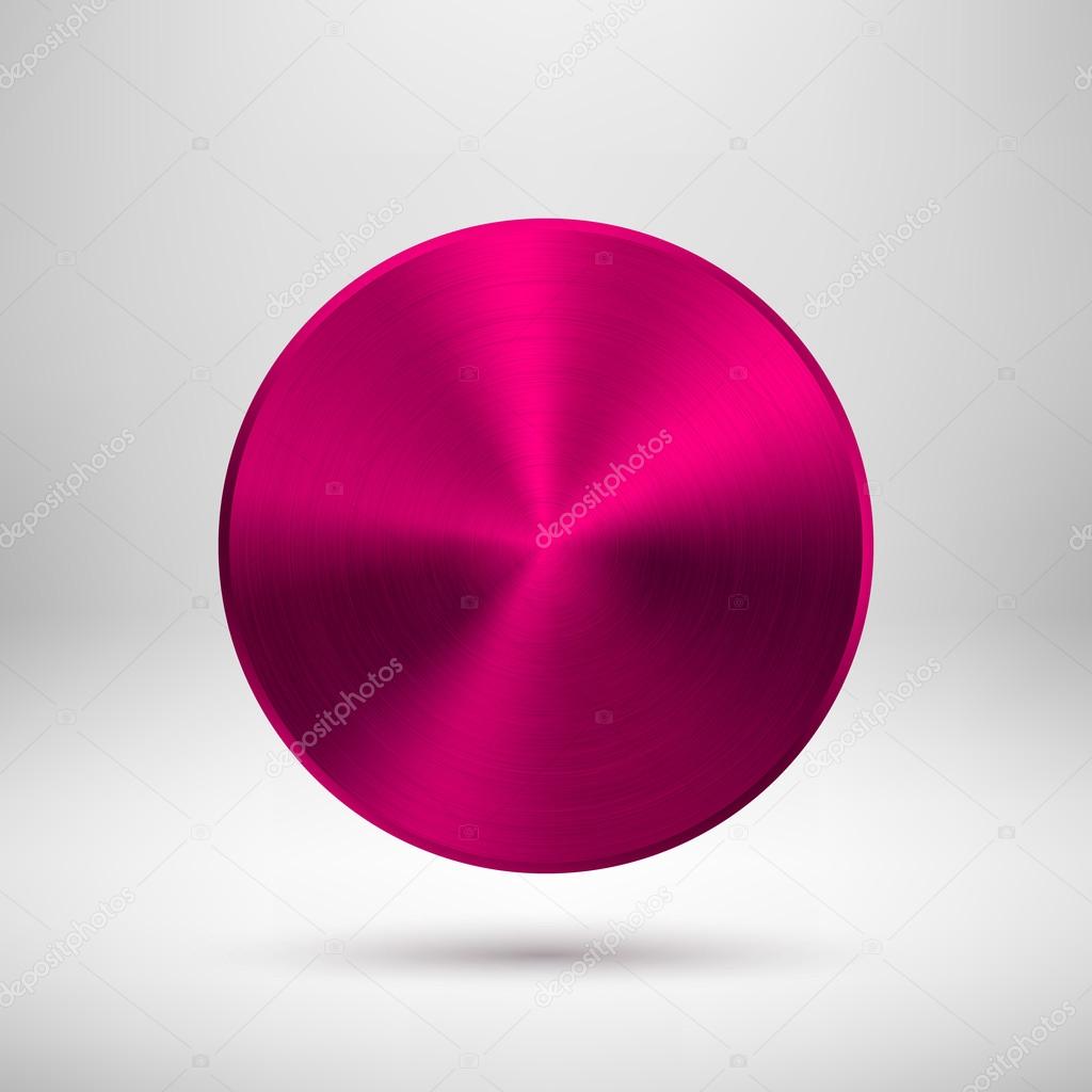 Magenta abstract technology circle button template with metal texture (chrome, steel, silver, copper), realistic shadow and light background for web user interfaces (UI) and applications (apps).