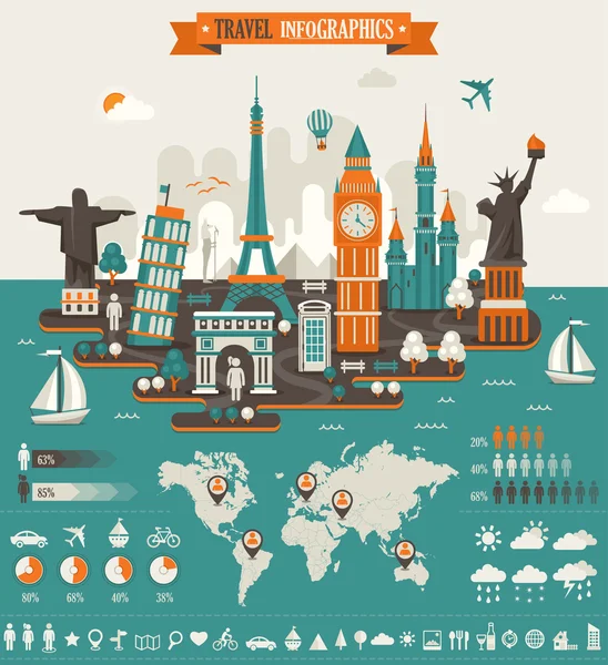 Travel Infographics, Elements and Famous Landmarks. — Stok Vektör