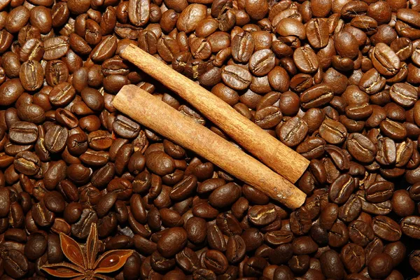 Coffee beans, star anise, cinnamon, — Stock Photo, Image