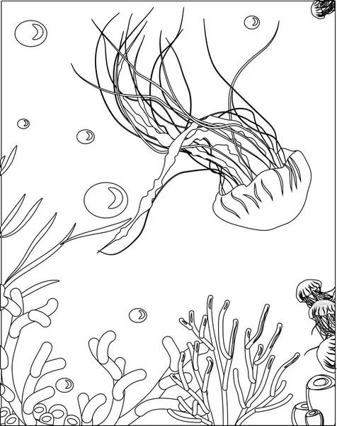 Jellyfish with corals. coloring book — Stock Vector