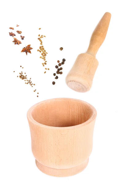 Wooden mortar for spice. collage isolated — Stock Photo, Image