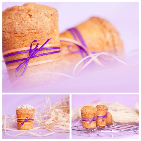 Muffin con nastro viola. collage — Foto Stock