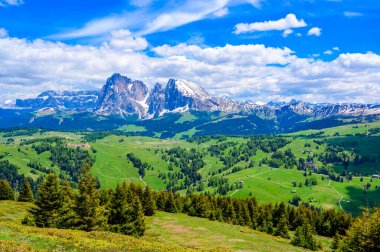 Seiser Alm ya da Alpe di Siusi - Dolomites Alps 'te güzel bir dağ manzarası - Trentino Alto Adige, Güney Tyrol, İtalya - Avrupa' da seyahat noktası