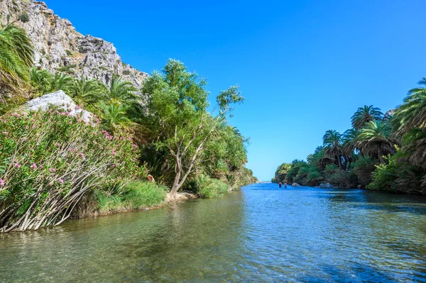 Spiaggia Preveli Famosa Bellissimo Fiume Con Acqua Limpida Azzurra Foresta — Foto Stock