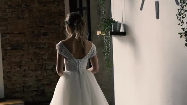 Novio Acerca Novia Recién Casados Reunión Novia Vestido Blanco Novio — Vídeos de Stock