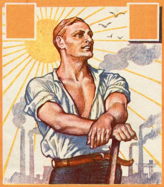 Poster printed in the Germany, shows a strong man against the background of plants and factories, publisher E. Braun & Co., Berlin, Germany — Stock Photo, Image