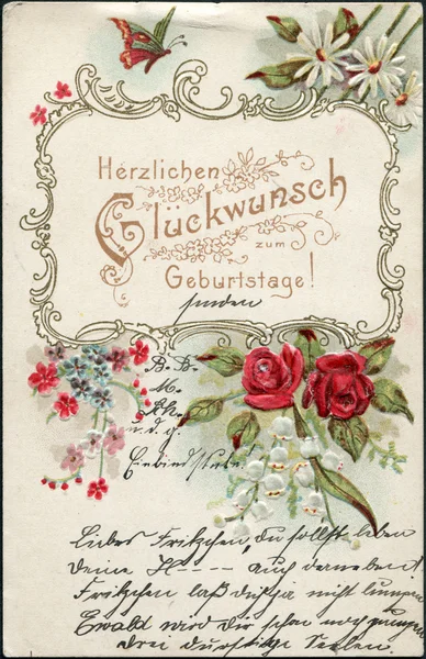 Saludo postal alemán, "¡Felicidades por el cumpleaños!" diseños florales representados, alrededor de 1910 —  Fotos de Stock