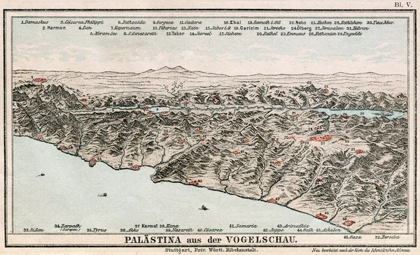 Map of Palestine from the bird's flight. The Bible. Germany, circa 1895 — Stock Photo, Image