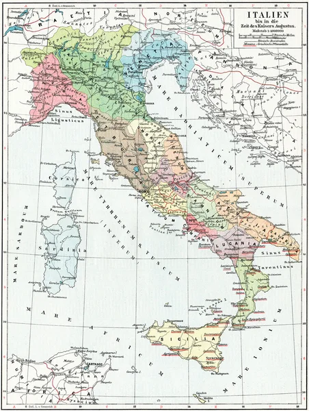 Karte von Italien, der Zeit von Kaiser August. Erscheinen des Buches "meyers konversations-lexikon", Band 7, leipzig, deutschland, 1910 — Stockfoto