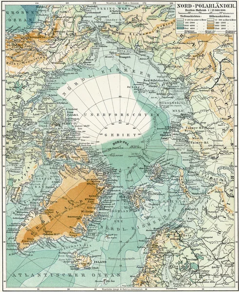 Pólo Norte. Mapa do oceano, ilhas e terra ao seu redor. Publicação do livro "Meyers Konversations-Lexikon", Volume 7, Leipzig, Alemanha, 1910 — Fotografia de Stock