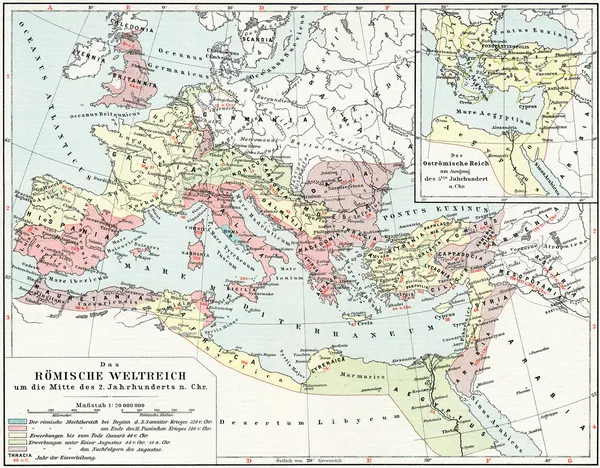 Mapa římské říše, 2. století našeho letopočtu. vydání knihy "meyers konversations-lexikon", svazek 7, Lipsko, Německo, 1910 — Stock fotografie