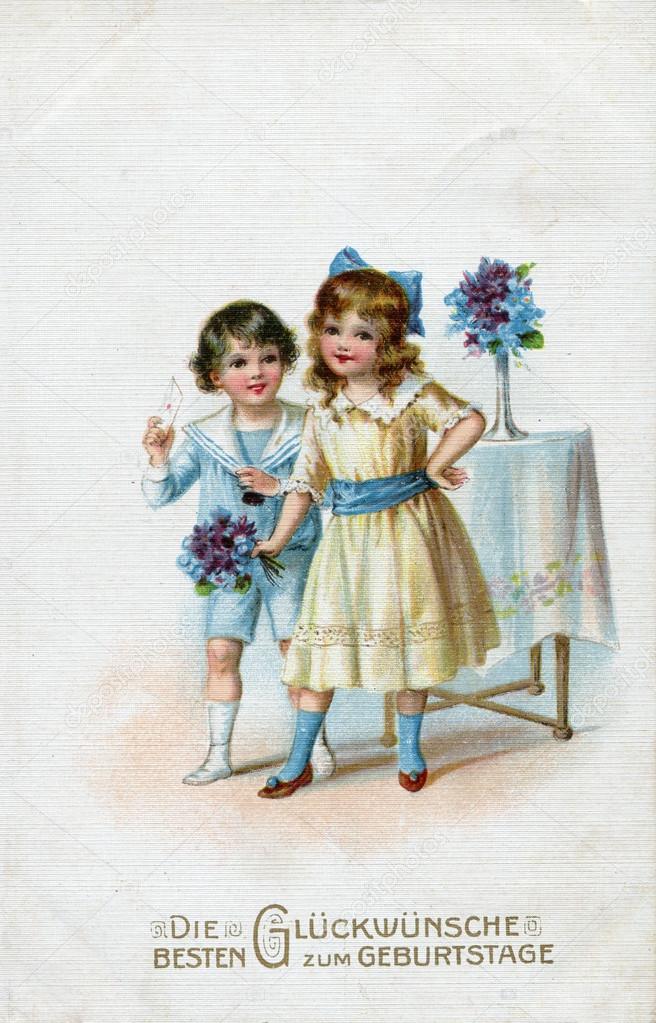 Год девочке, поздравительная немецкая открытка