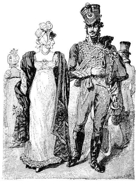 Traditional clothing of the time of Napoleon I. Hussar and a woman together. Publication of the book "A Century in the text and pictures", Berlin, Germany, 1899 — Stock Vector