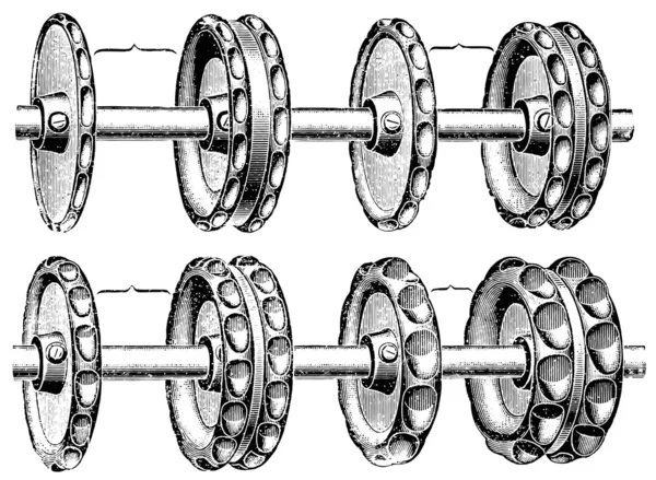 Vervanging wielen voor landbouw-machines. publicatie van het boek "meyers konversations-lexikon", volume 7, leipzig, Duitsland, 1910 — Stockvector