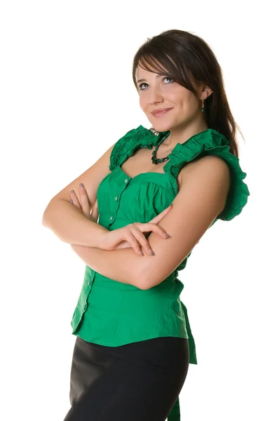 Retrato de uma menina bonita em vestido verde — Fotografia de Stock