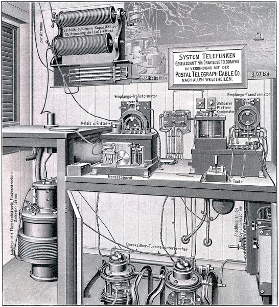 Radio systeem telefunken, op het stoomschip "bremen". publicatie van het boek "meyers konversations-lexikon", volume 7, leipzig, Duitsland, 1910 — Stockfoto